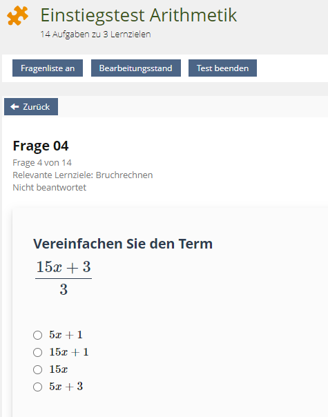 Screenshot Einstiegstest Arithmetik