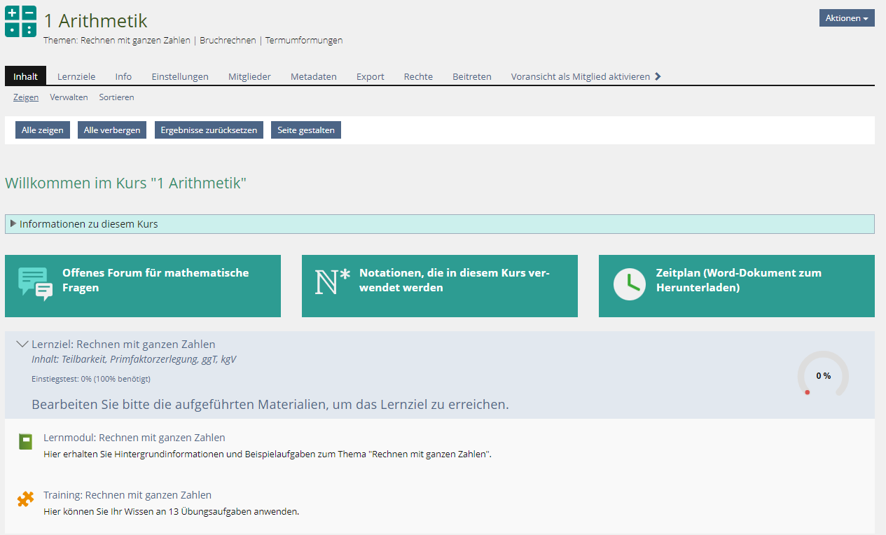 Screenshot Kursübersicht Arithmetik