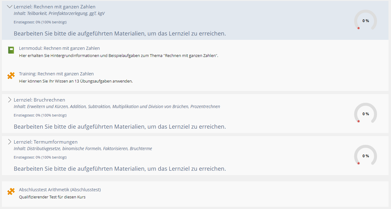 Screenshot Lernzielübersicht LOK Arithmetik
