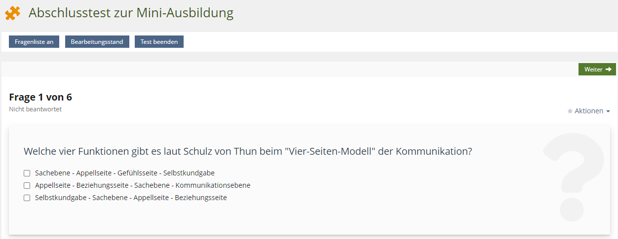 Screenshot Abschlusstest der Mini-Ausbildung